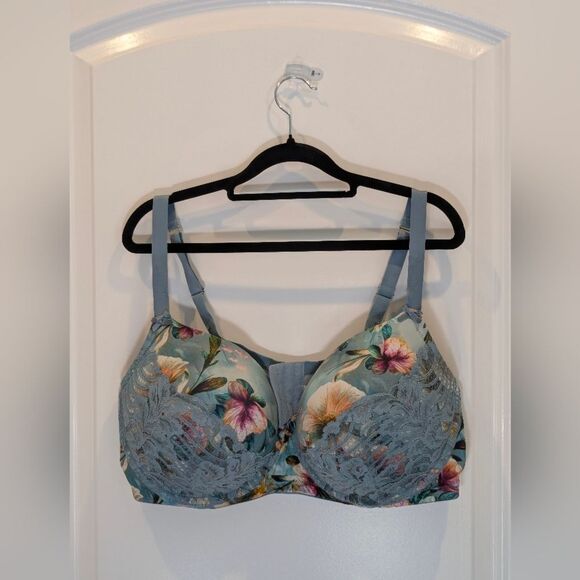 Cacique Lane Bryant 44DDD Blue Floral Boost Balconette Bra Lace Push Up - Picture 2 of 7